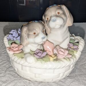 The San Francisco Music Box Co.Charming Ceramic Puppy Basket with Pastel Flowers
